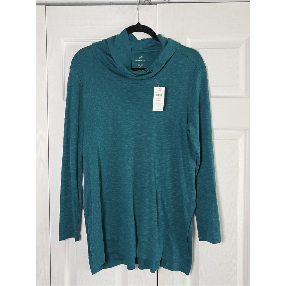 J. Jill Pima Cowl-Neck Tunic Womens Size MP Ocean Teal Cotton Slub Knit Tunic